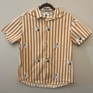 Denim & Flower Ricky Singh Men's Bird Shirt with Orange and White Stripes Sz L